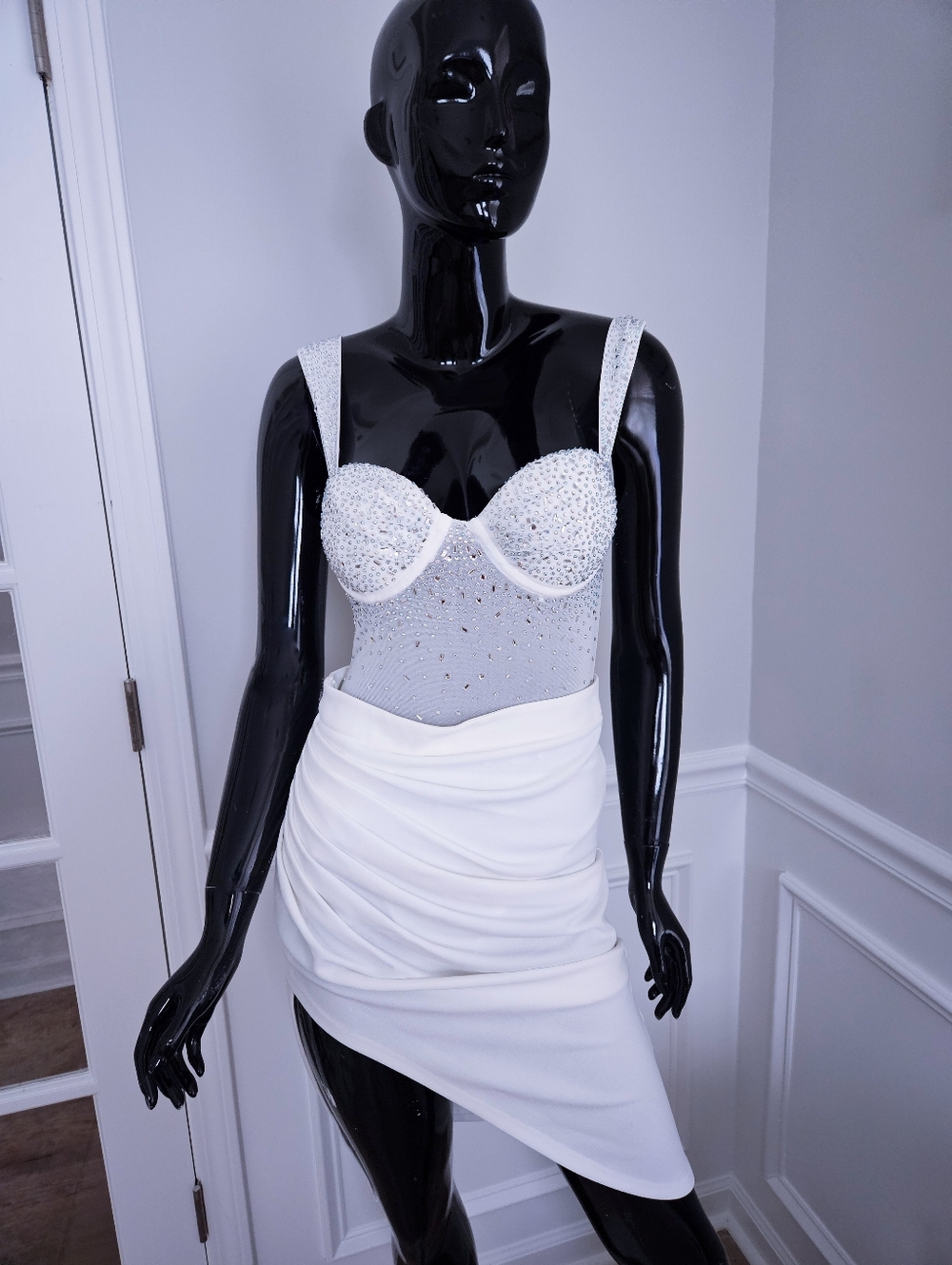 White Embellished Bustier & Draped Asymmetrical Skirt Set